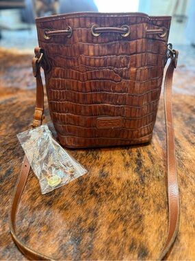 Vintage Dooney Bourke Crocodile Embossed Brown Leather Drawstring Bucket Bag US